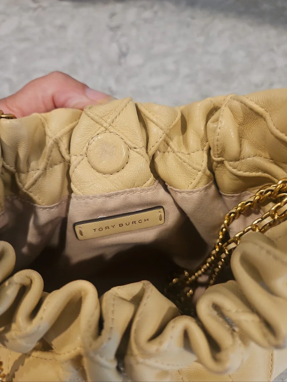 Tory Burch  Mini Fleming Chain Strap Hobo Bag Cream And Gold